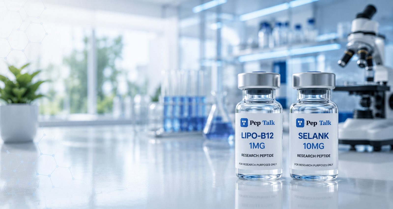 PepTalk Peptides research peptide vials, LIPO-B12 and Selank, displayed on a laboratory bench